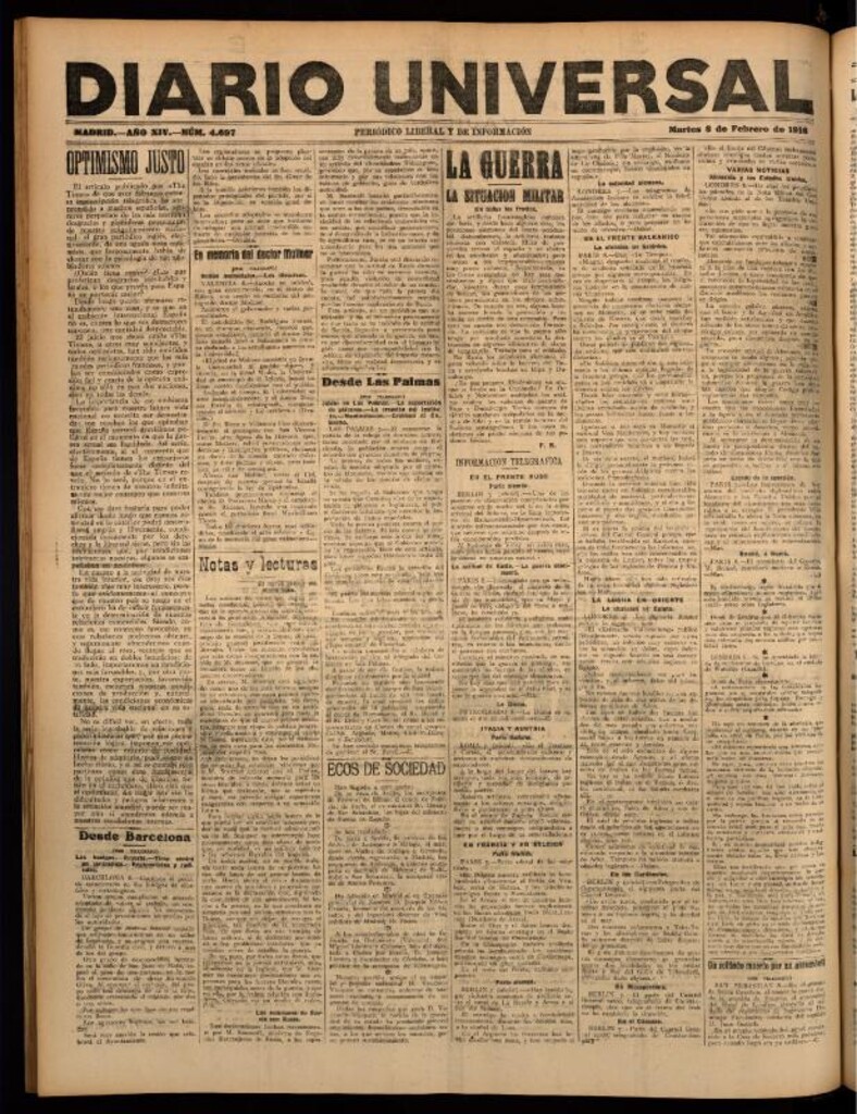 Miniatura de Diario Universal del 8 de febrero de 1916