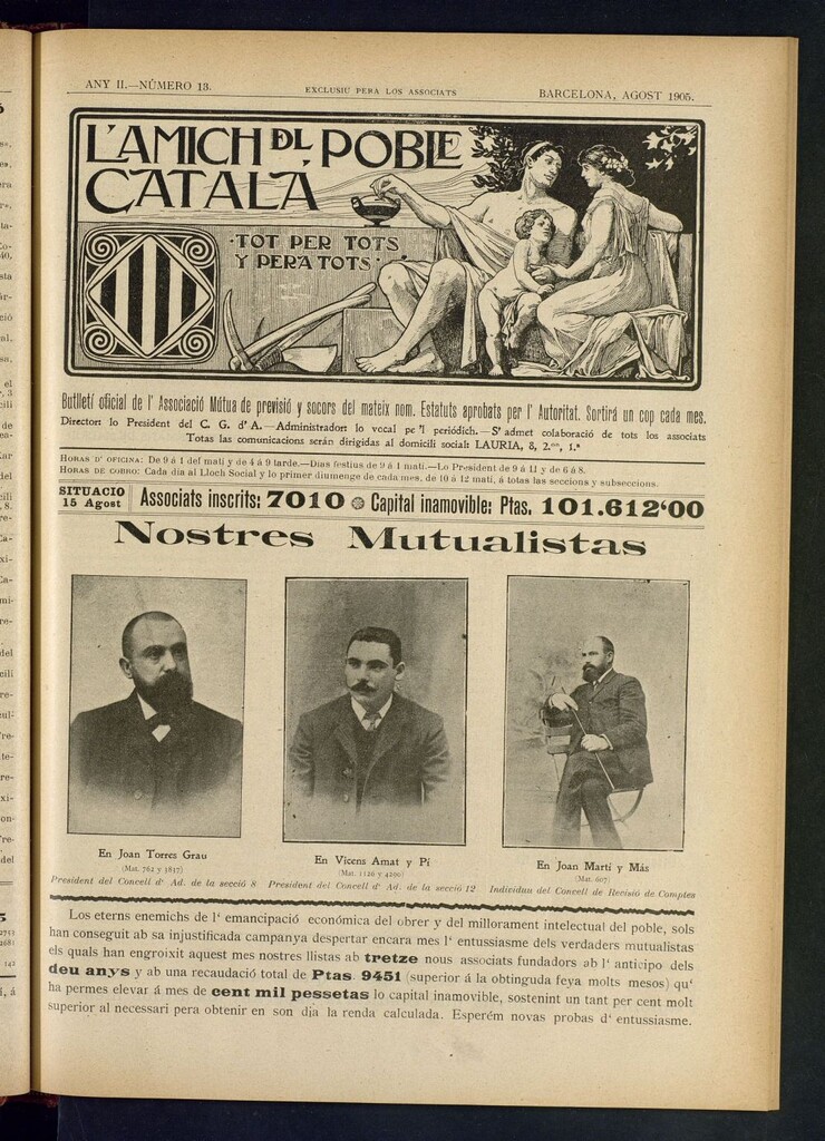 Miniatura de L´amich del poble catalá: butlletí oficial de l´associacio, que´s publicara una volta cada mes de agost de 1905