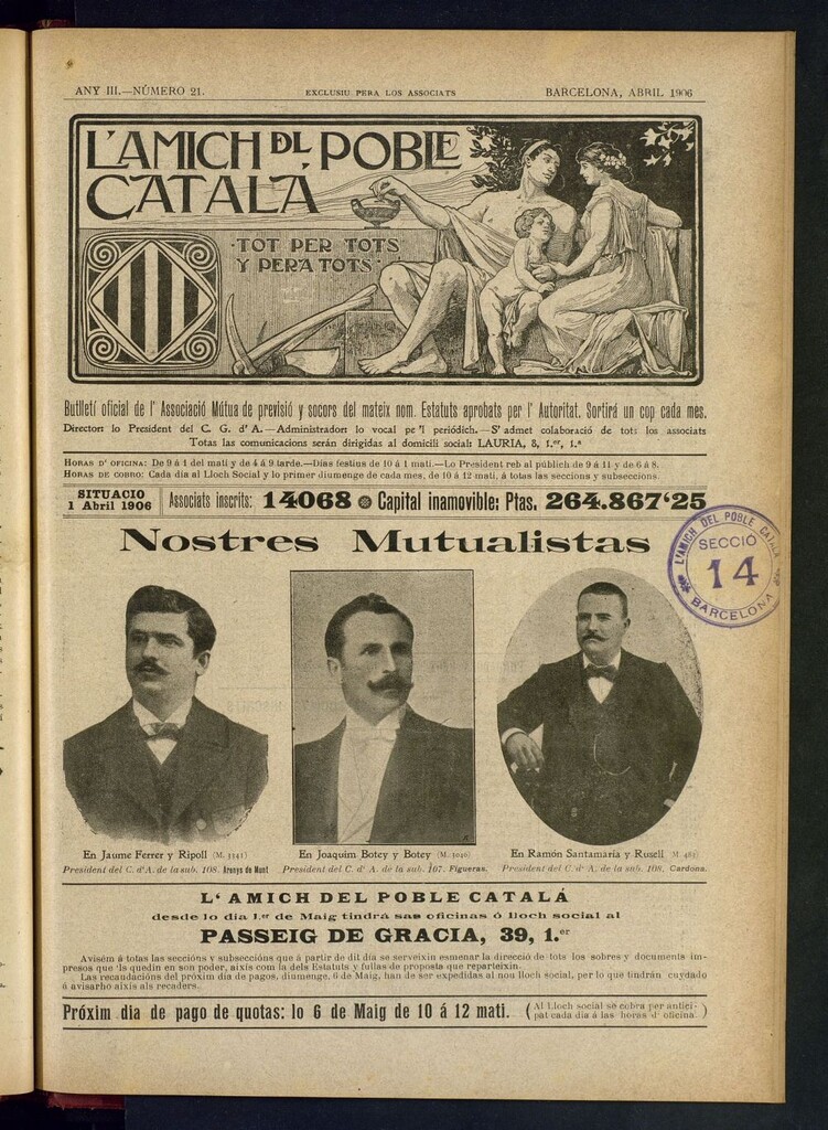 Miniatura de L´amich del poble catalá: butlletí oficial de l´associacio, que´s publicara una volta cada mes de abril de 1906