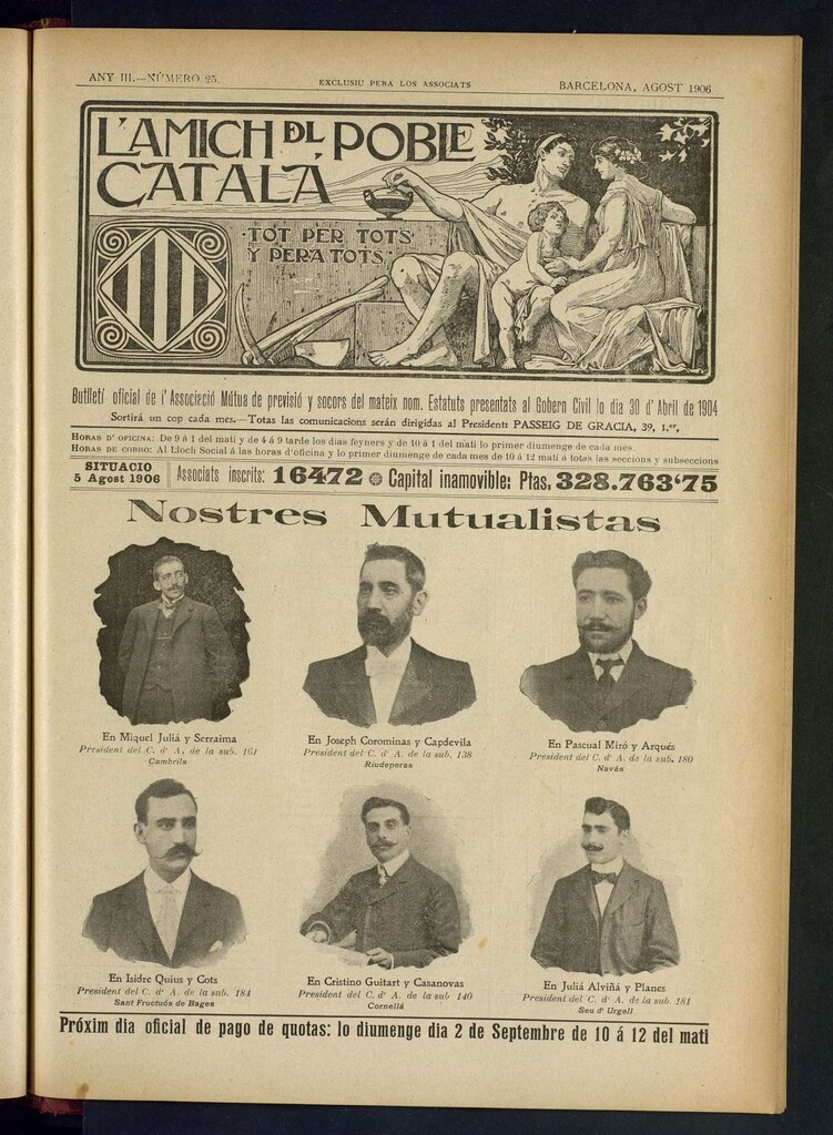 Miniatura de L´amich del poble catalá: butlletí oficial de l´associacio, que´s publicara una volta cada mes de agost de 1906