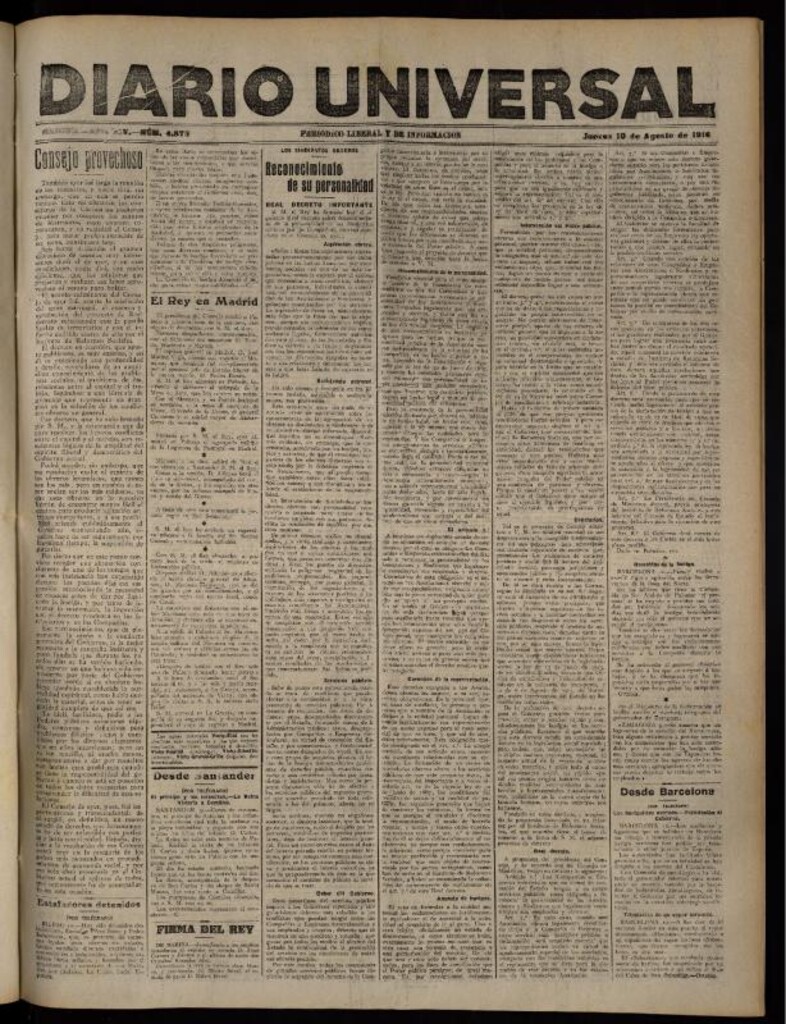 Miniatura de Diario Universal del 10 de agosto de 1916