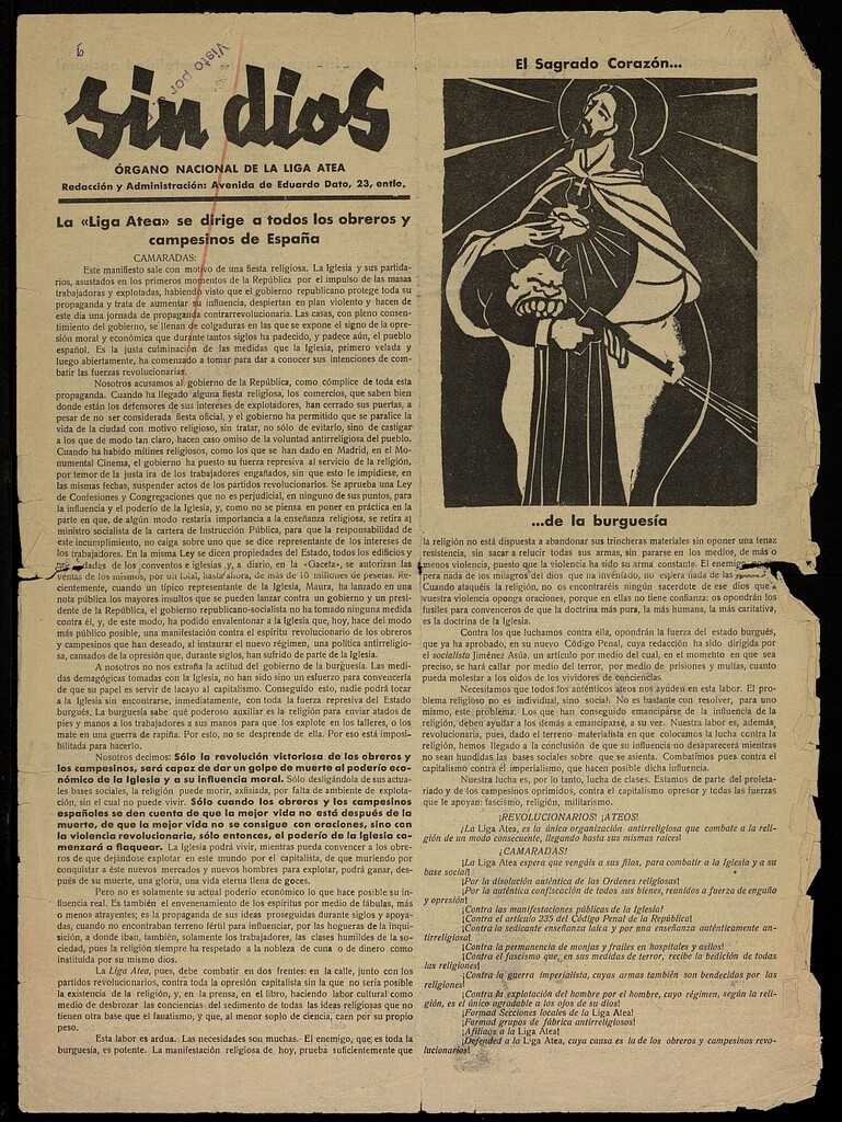 Miniatura de Sin Dios: órgano mensual de la A.T.E.A., filial de la Internacional de librepensadores proletarios revolucionarios de junio de 1933