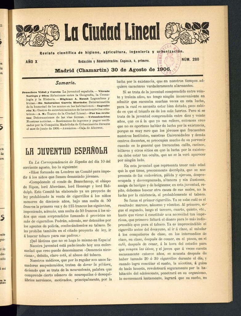 Miniatura de La Ciudad Lineal : órgano oficial de la Compañía Madrileña de Urbanización del 30 de agosto de 1906