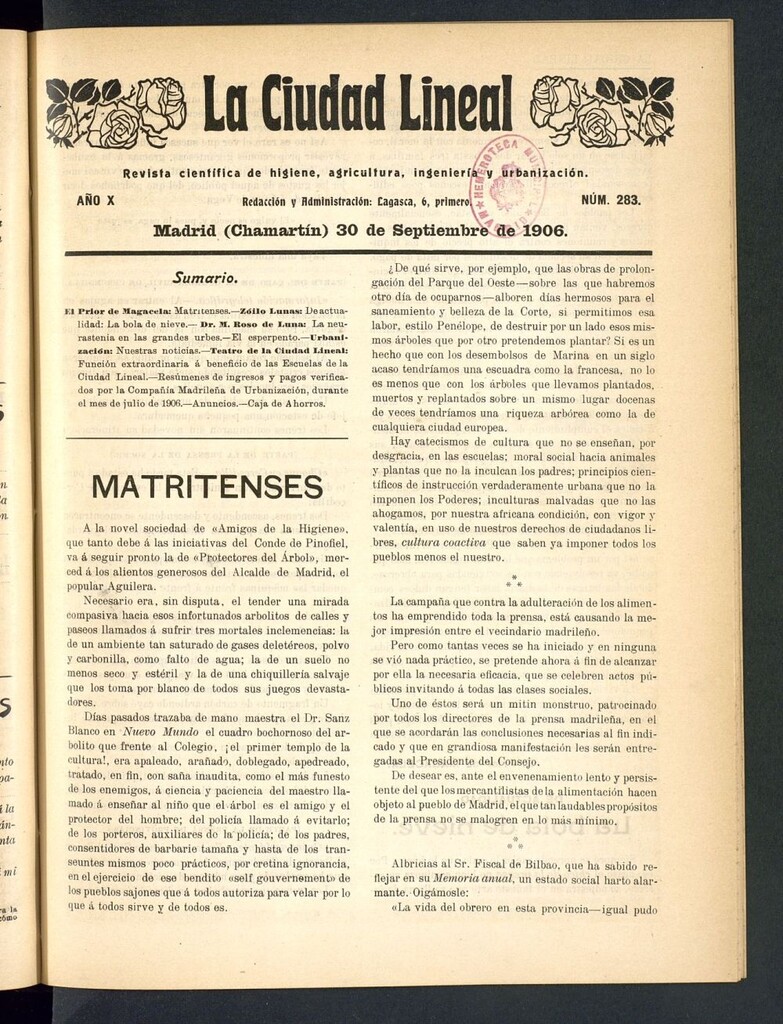 Miniatura de La Ciudad Lineal : órgano oficial de la Compañía Madrileña de Urbanización del 30 de septiembre de 1906