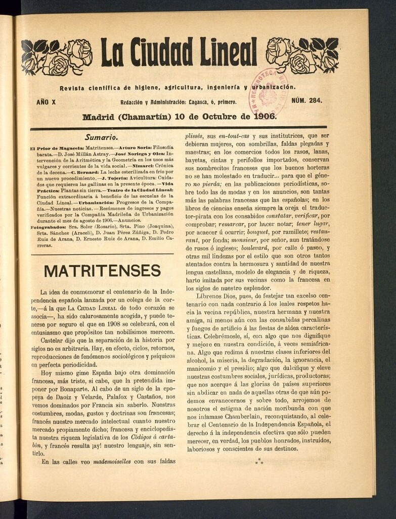 Miniatura de La Ciudad Lineal : órgano oficial de la Compañía Madrileña de Urbanización del 10 de octubre de 1906