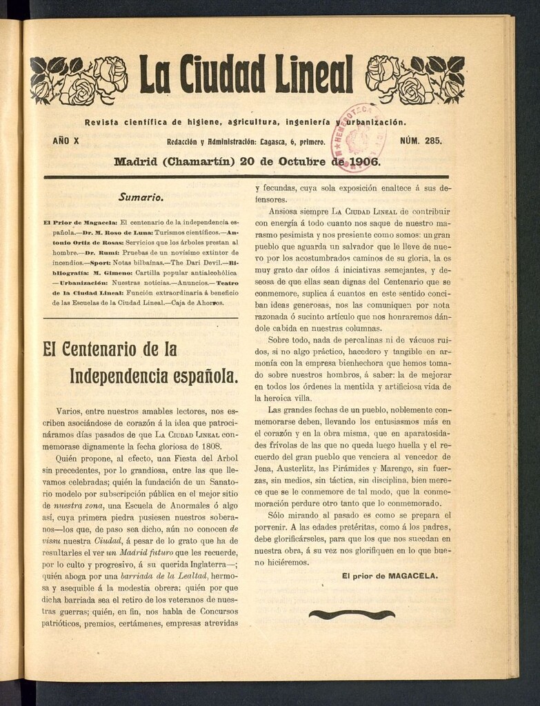 Miniatura de La Ciudad Lineal : órgano oficial de la Compañía Madrileña de Urbanización del 20 de octubre de 1906