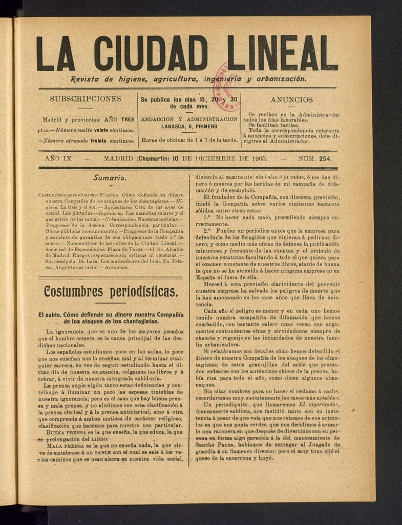 Miniatura de La Ciudad Lineal : órgano oficial de la Compañía Madrileña de Urbanización del 10 de diciembre de 1905