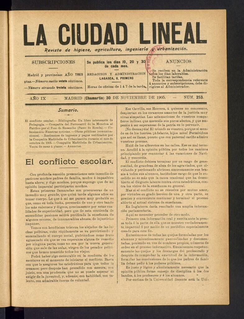 Miniatura de La Ciudad Lineal : órgano oficial de la Compañía Madrileña de Urbanización del 30 de noviembre de 1905