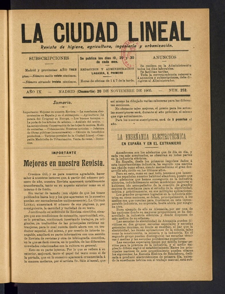 Miniatura de La Ciudad Lineal : órgano oficial de la Compañía Madrileña de Urbanización del 20 de noviembre de 1905
