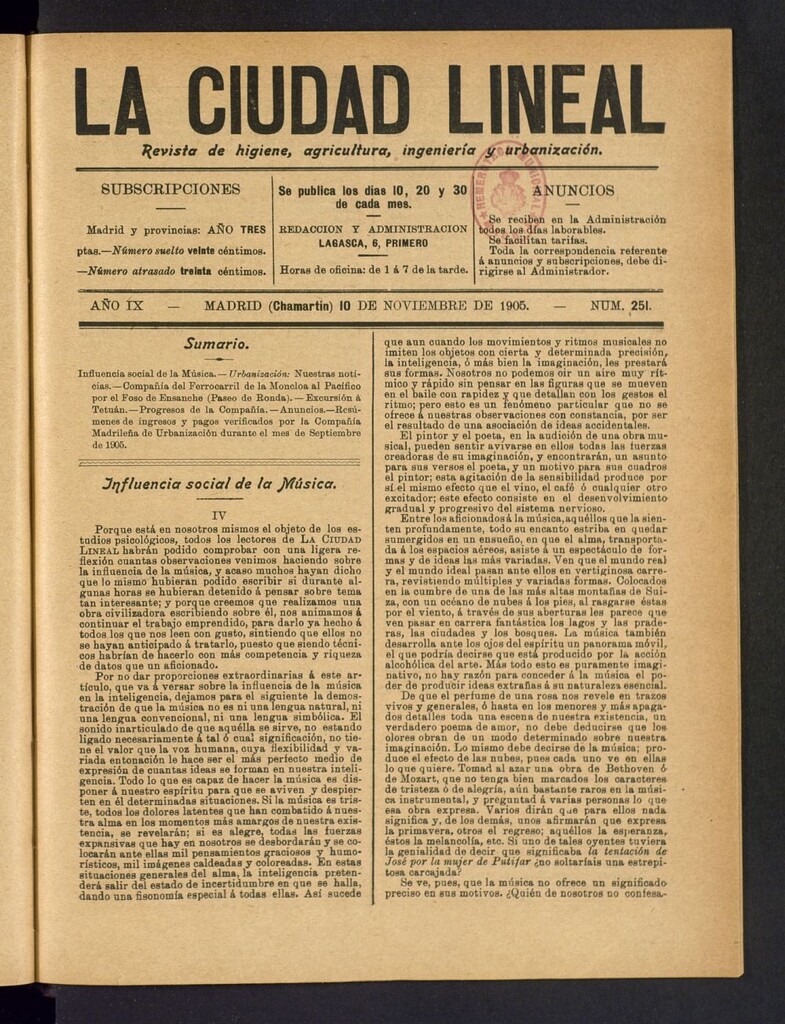 Miniatura de La Ciudad Lineal : órgano oficial de la Compañía Madrileña de Urbanización del 10 de noviembre de 1905