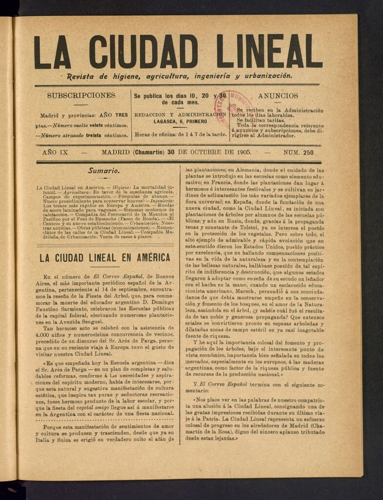 Miniatura de La Ciudad Lineal : órgano oficial de la Compañía Madrileña de Urbanización del 30 de octubre de 1905