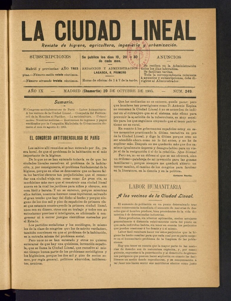 Miniatura de La Ciudad Lineal : órgano oficial de la Compañía Madrileña de Urbanización del 20 de octubre de 1905