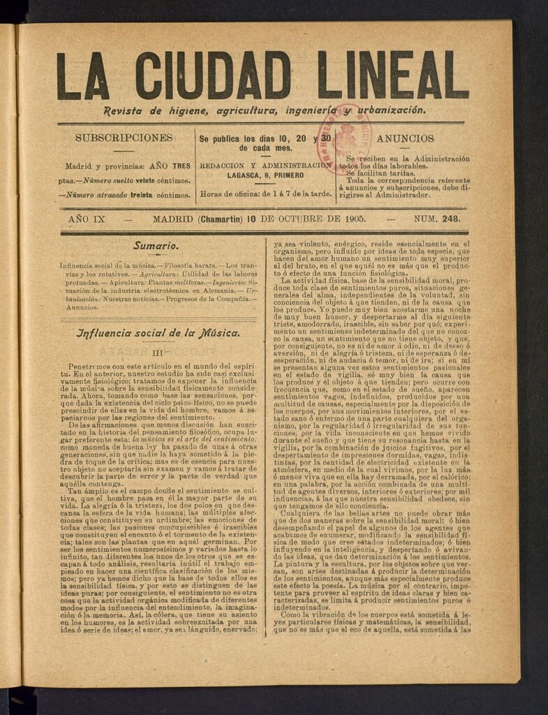 Miniatura de La Ciudad Lineal : órgano oficial de la Compañía Madrileña de Urbanización del 10 de octubre de 1905