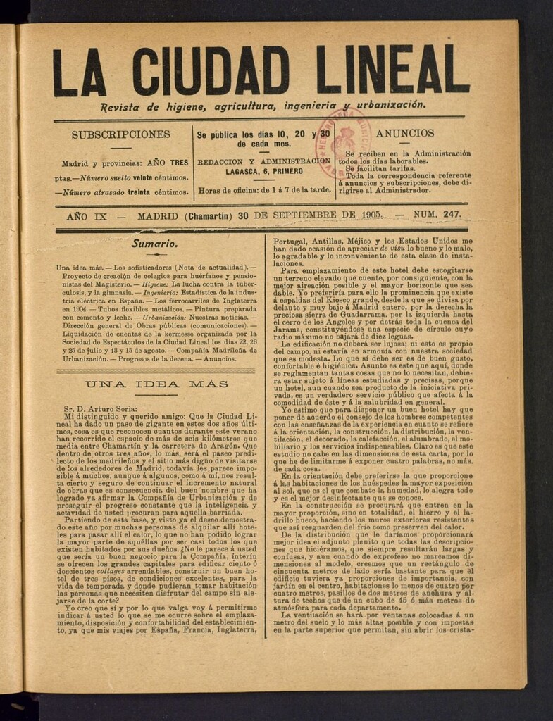 Miniatura de La Ciudad Lineal : órgano oficial de la Compañía Madrileña de Urbanización del 30 de septiembre de 1905
