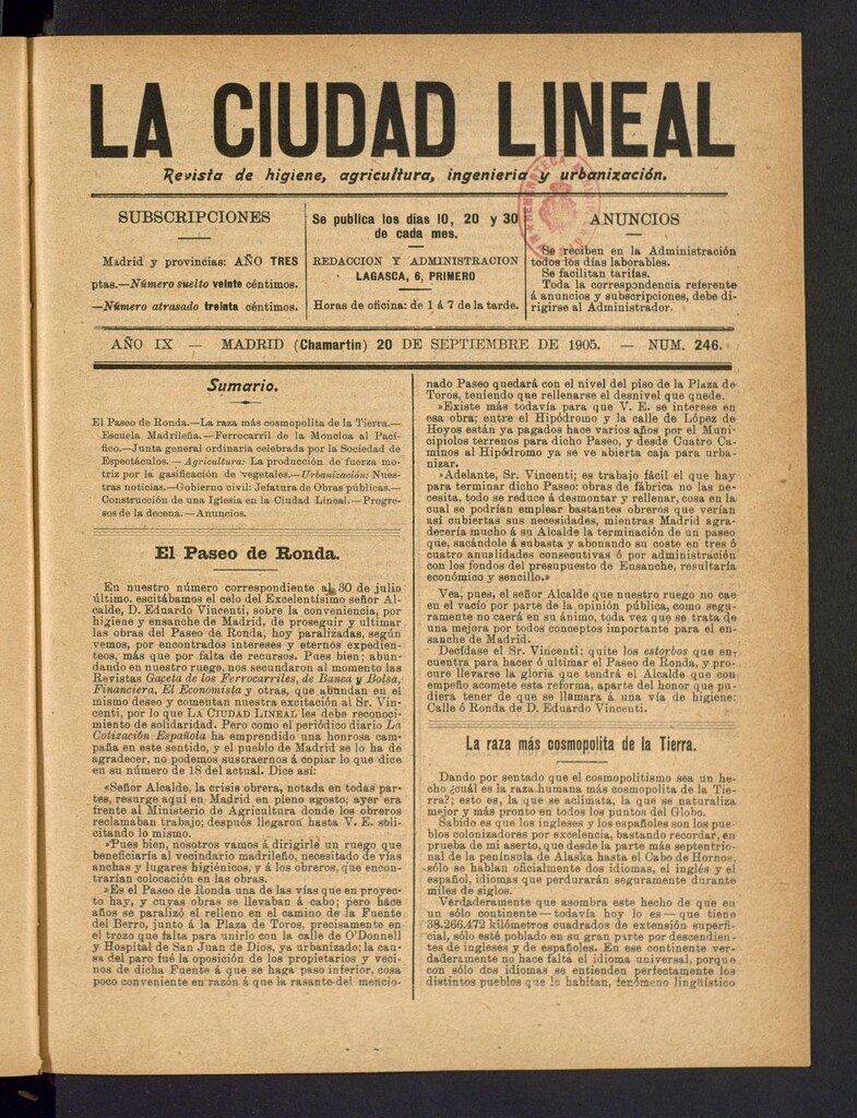 Miniatura de La Ciudad Lineal : órgano oficial de la Compañía Madrileña de Urbanización del 20 de septiembre de 1905