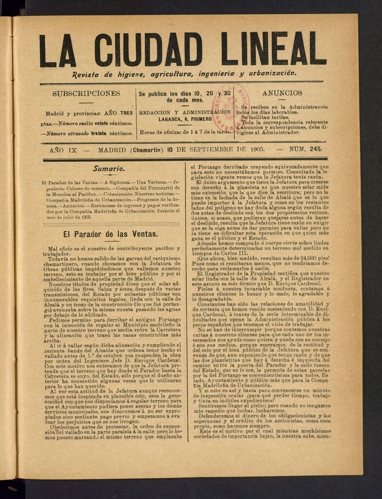 Miniatura de La Ciudad Lineal : órgano oficial de la Compañía Madrileña de Urbanización del 10 de septiembre de 1905