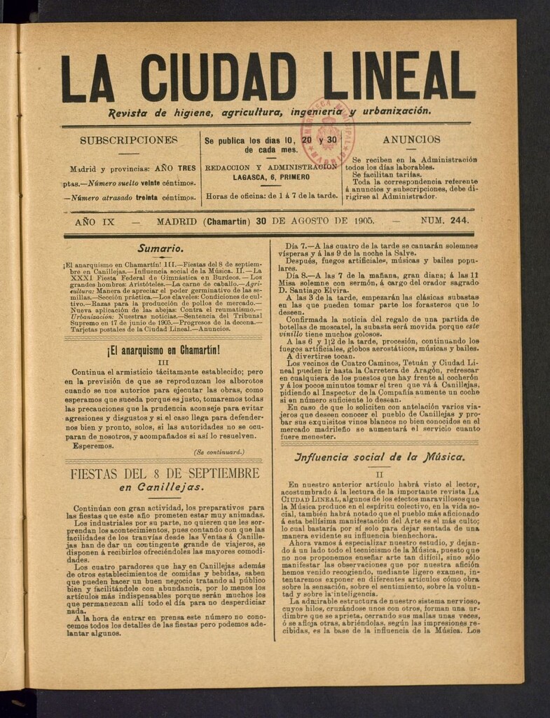 Miniatura de La Ciudad Lineal : órgano oficial de la Compañía Madrileña de Urbanización del 30 de agosto de 1905