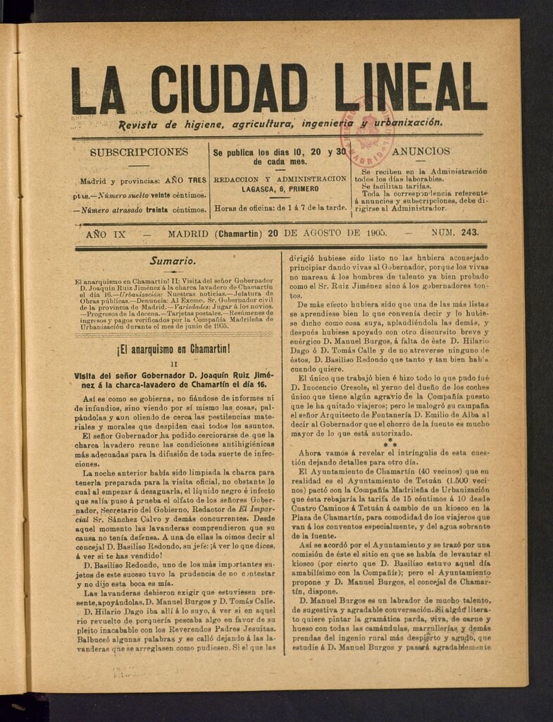 Miniatura de La Ciudad Lineal : órgano oficial de la Compañía Madrileña de Urbanización del 20 de agosto de 1905