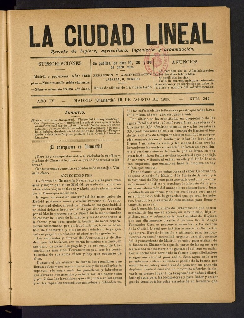 Miniatura de La Ciudad Lineal : órgano oficial de la Compañía Madrileña de Urbanización del 10 de agosto de 1905