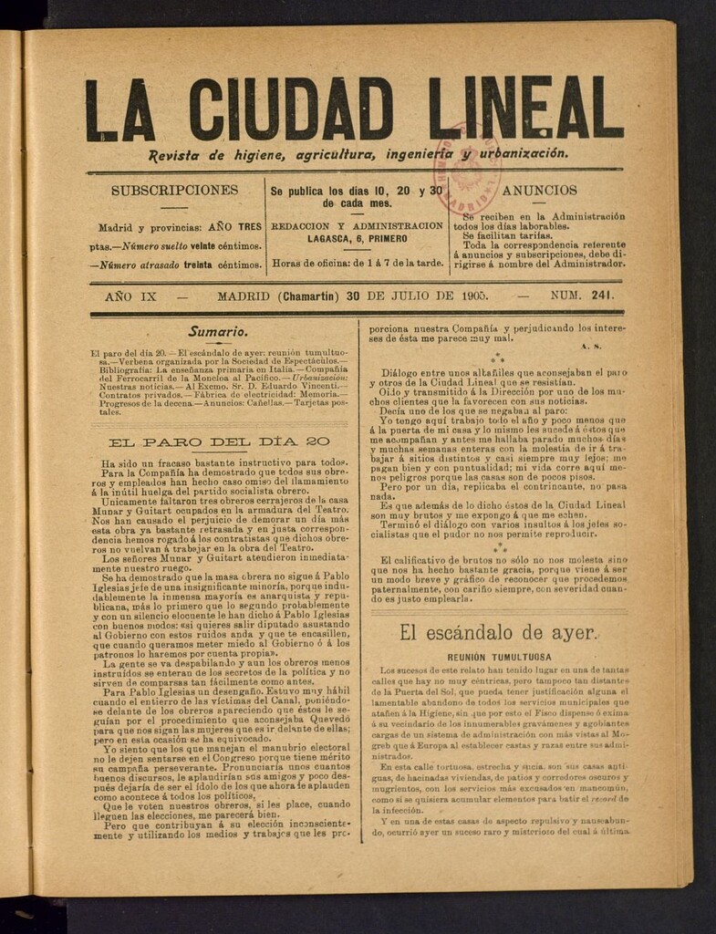 Miniatura de La Ciudad Lineal : órgano oficial de la Compañía Madrileña de Urbanización del 30 de julio de 1905