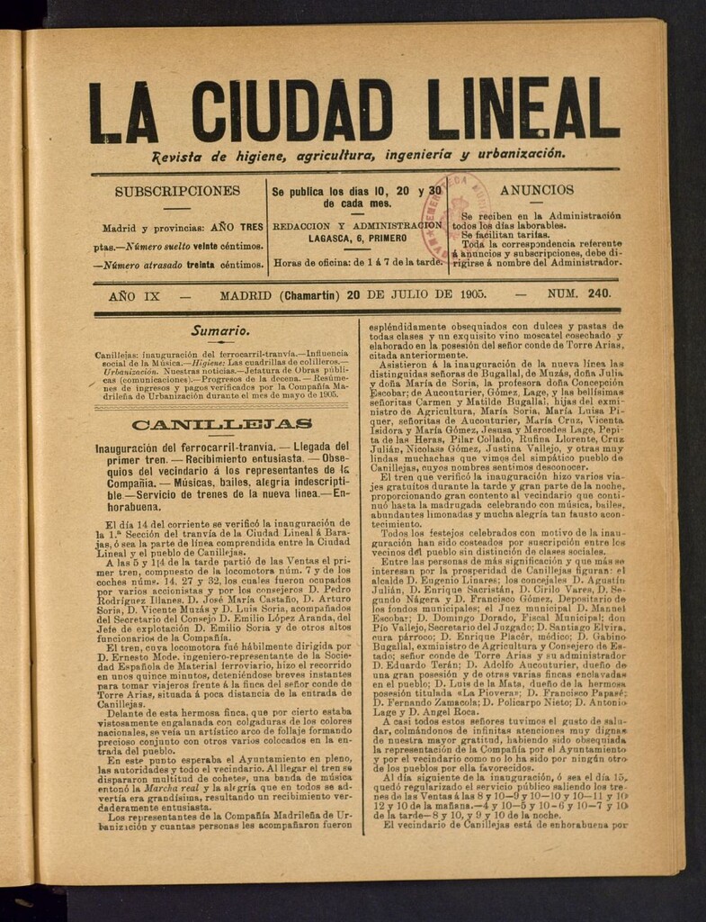 Miniatura de La Ciudad Lineal : órgano oficial de la Compañía Madrileña de Urbanización del 20 de julio de 1905