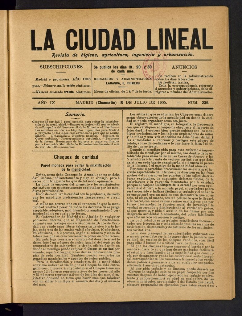 Miniatura de La Ciudad Lineal : órgano oficial de la Compañía Madrileña de Urbanización del 10 de julio de 1905
