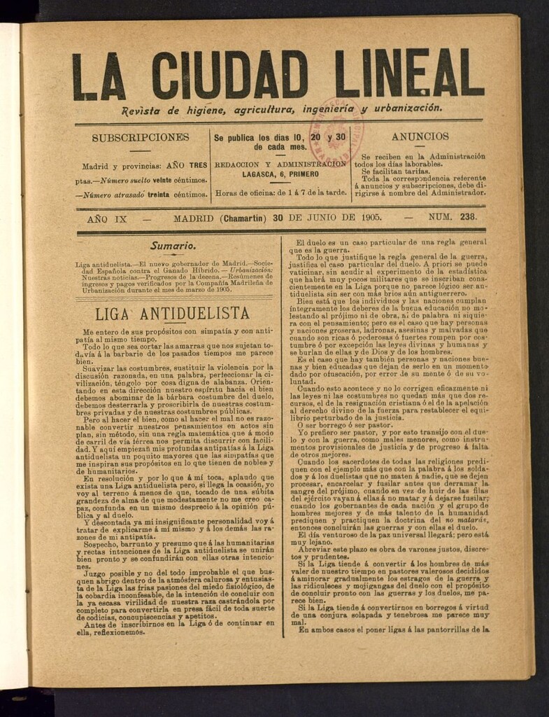 Miniatura de La Ciudad Lineal : órgano oficial de la Compañía Madrileña de Urbanización del 30 de junio de 1905