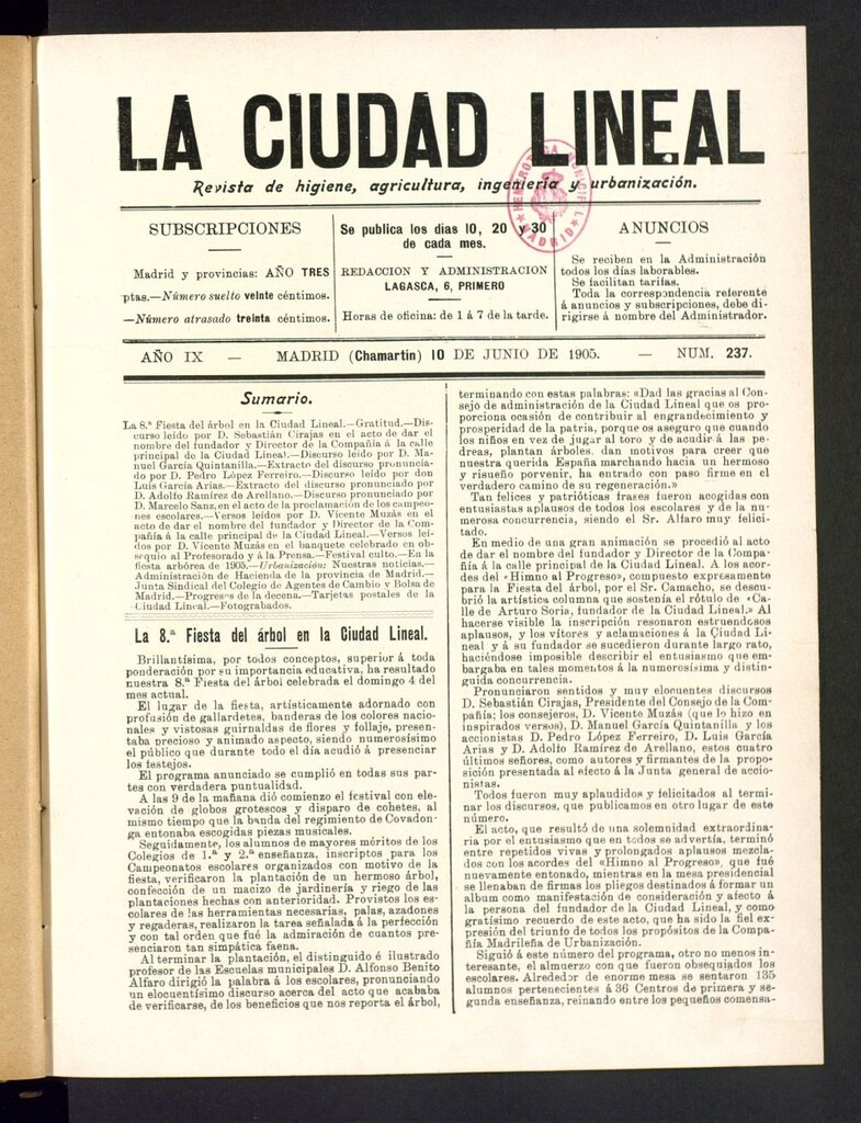 Miniatura de La Ciudad Lineal : órgano oficial de la Compañía Madrileña de Urbanización del 10 de junio de 1905