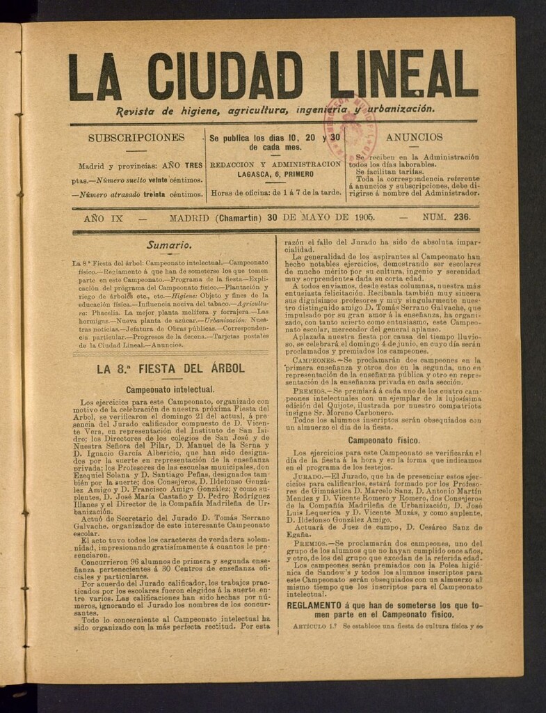 Miniatura de La Ciudad Lineal : órgano oficial de la Compañía Madrileña de Urbanización del 30 de mayo de 1905