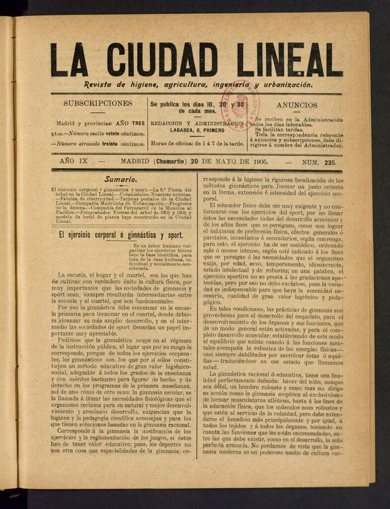 Miniatura de La Ciudad Lineal : órgano oficial de la Compañía Madrileña de Urbanización del 20 de mayo de 1905