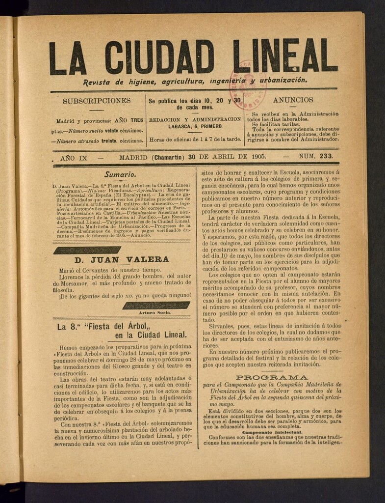 Miniatura de La Ciudad Lineal : órgano oficial de la Compañía Madrileña de Urbanización del 30 de abril de 1905