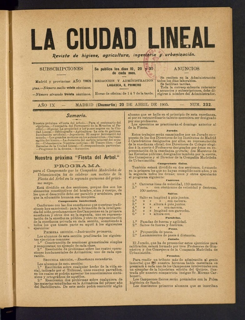 Miniatura de La Ciudad Lineal : órgano oficial de la Compañía Madrileña de Urbanización del 20 de abril de 1905