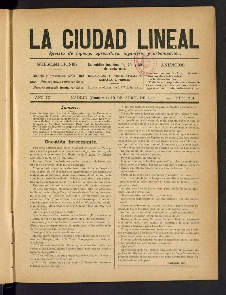Miniatura de La Ciudad Lineal : órgano oficial de la Compañía Madrileña de Urbanización del 10 de abril de 1905