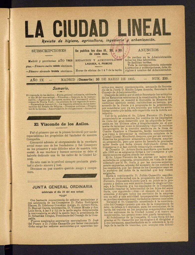Miniatura de La Ciudad Lineal : órgano oficial de la Compañía Madrileña de Urbanización del 30 de marzo de 1905
