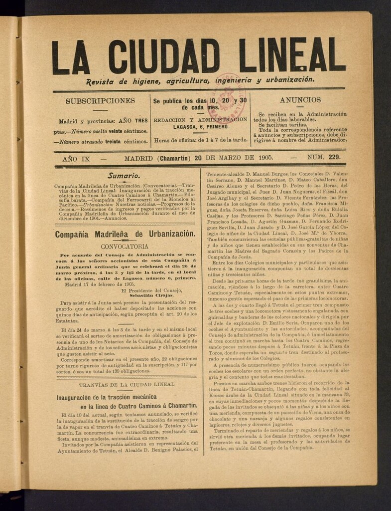 Miniatura de La Ciudad Lineal : órgano oficial de la Compañía Madrileña de Urbanización del 20 de marzo de 1905