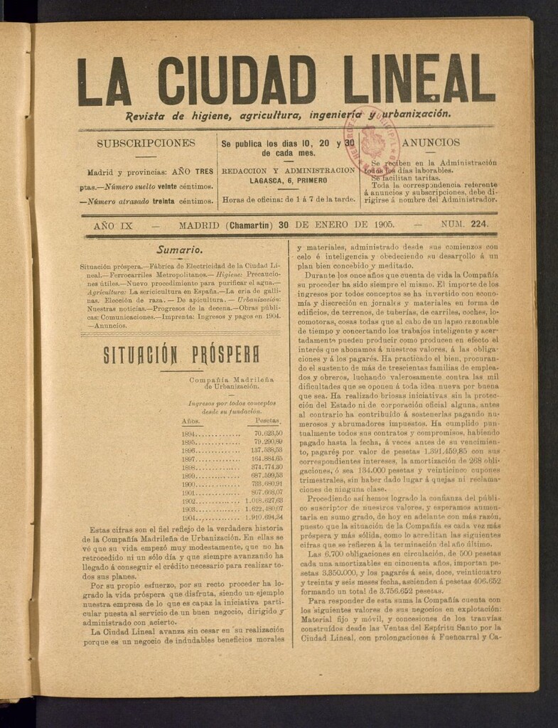 Miniatura de La Ciudad Lineal : órgano oficial de la Compañía Madrileña de Urbanización del 30 de enero de 1905