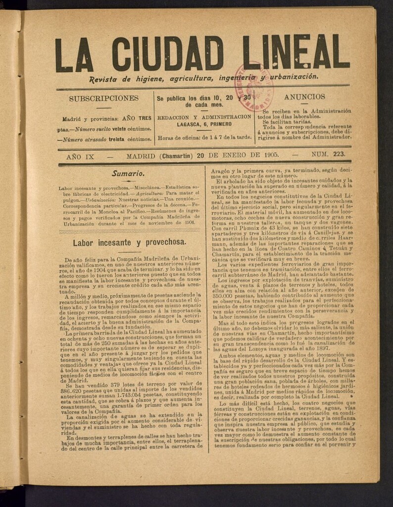 Miniatura de La Ciudad Lineal : órgano oficial de la Compañía Madrileña de Urbanización del 20 de enero de 1905