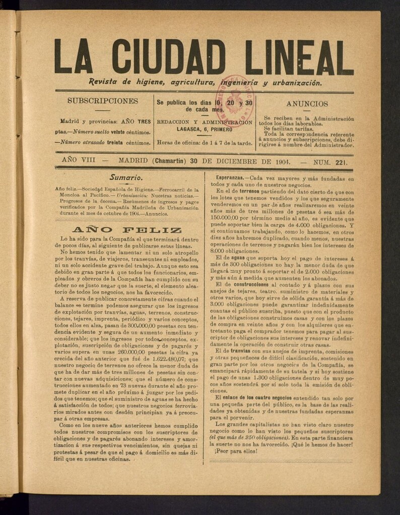 Miniatura de La Ciudad Lineal : órgano oficial de la Compañía Madrileña de Urbanización del 30 de diciembre de 1904