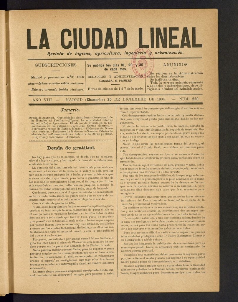 Miniatura de La Ciudad Lineal : órgano oficial de la Compañía Madrileña de Urbanización del 20 de diciembre de 1904
