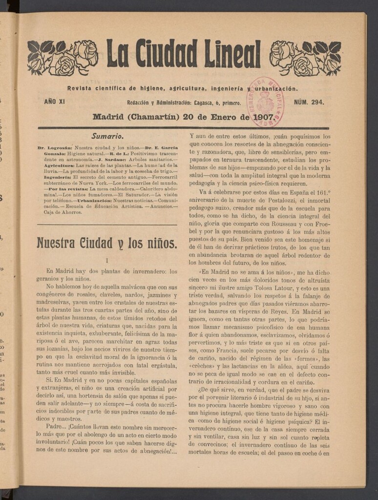 Miniatura de La Ciudad Lineal : órgano oficial de la Compañía Madrileña de Urbanización del 20 de enero de 1907