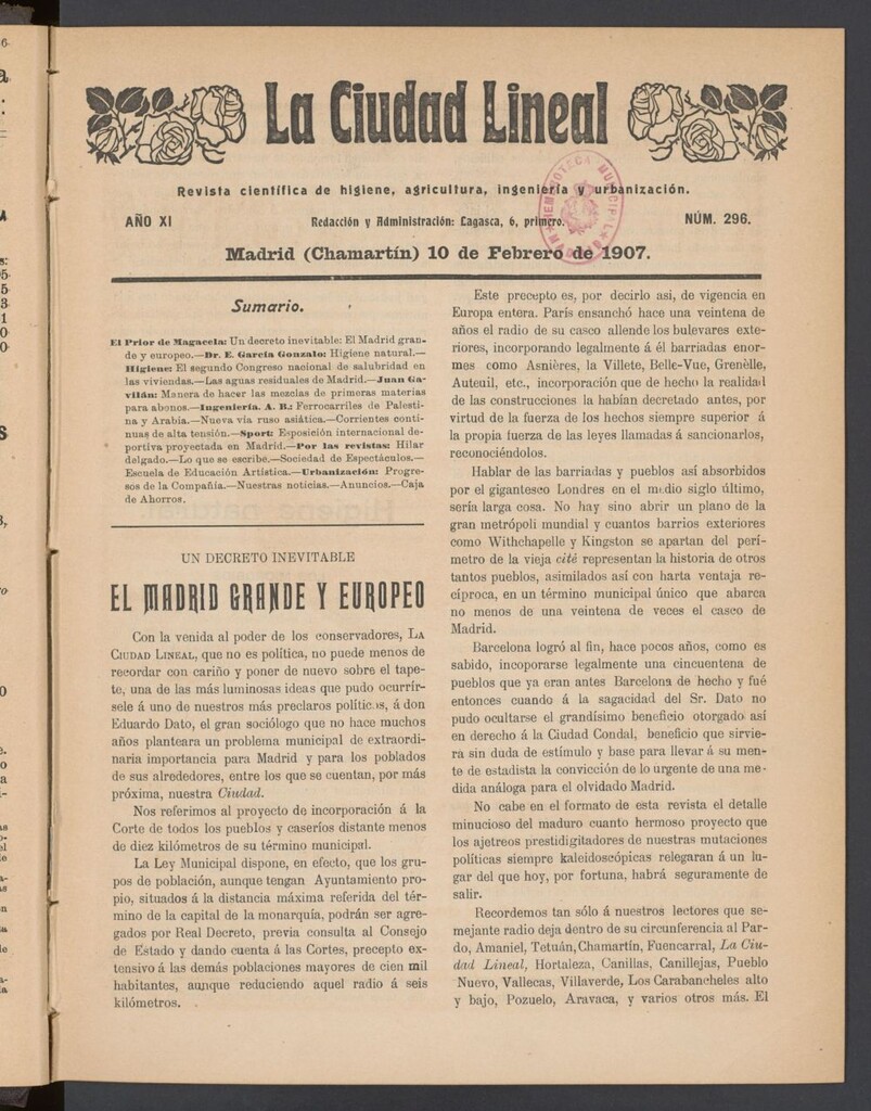 Miniatura de La Ciudad Lineal : órgano oficial de la Compañía Madrileña de Urbanización del 10 de febrero de 1907