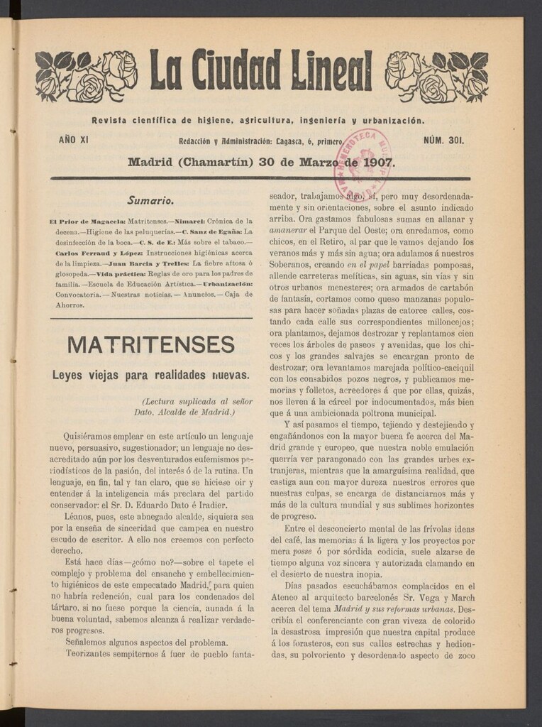 Miniatura de La Ciudad Lineal : órgano oficial de la Compañía Madrileña de Urbanización del 30 de marzo de 1907