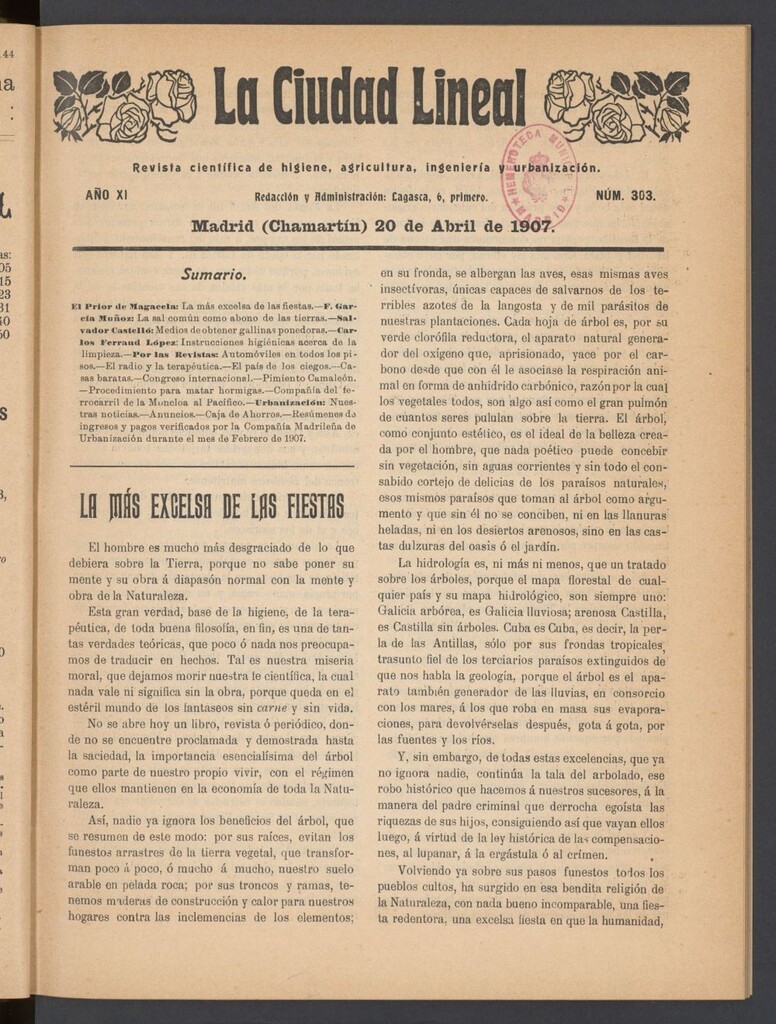 Miniatura de La Ciudad Lineal : órgano oficial de la Compañía Madrileña de Urbanización del 20 de abril de 1907
