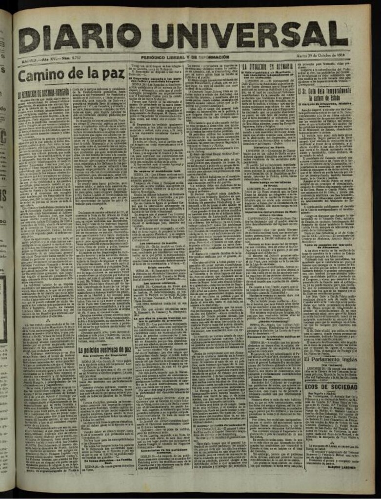 Miniatura de Diario Universal del 29 de octubre de 1918