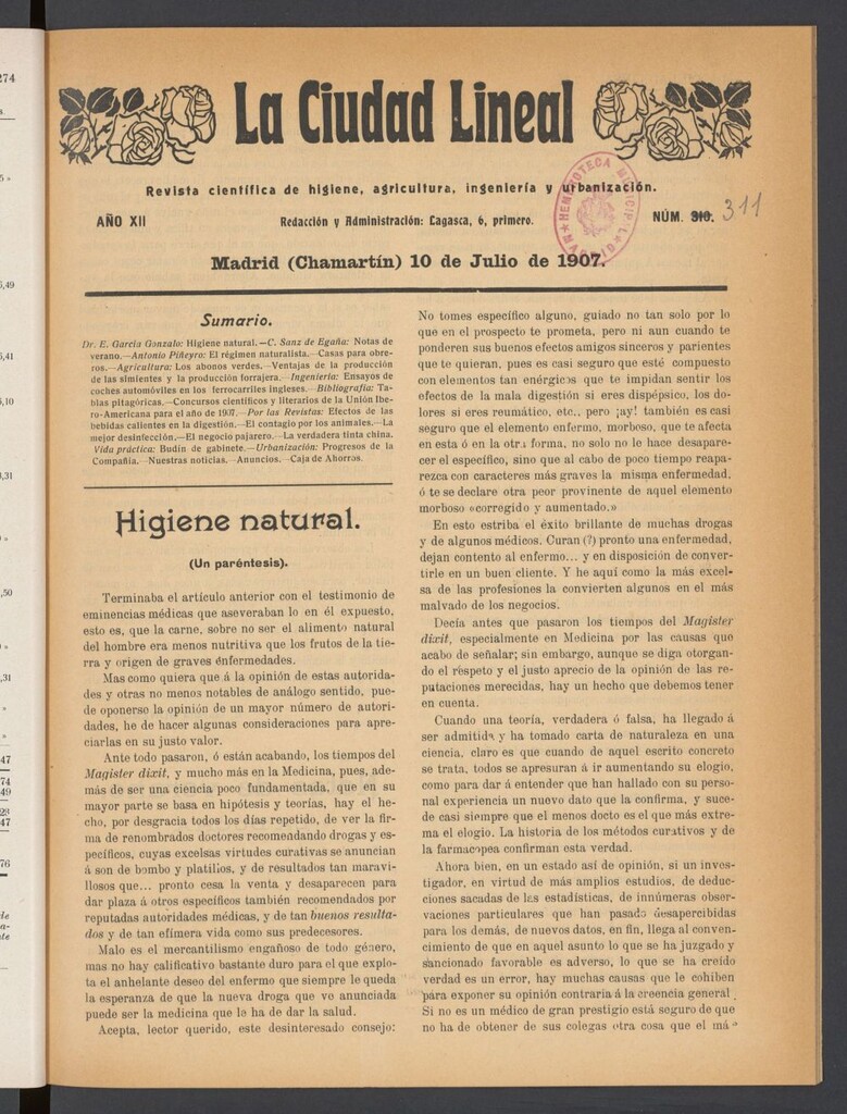 Miniatura de La Ciudad Lineal : órgano oficial de la Compañía Madrileña de Urbanización del 10 de julio de 1907