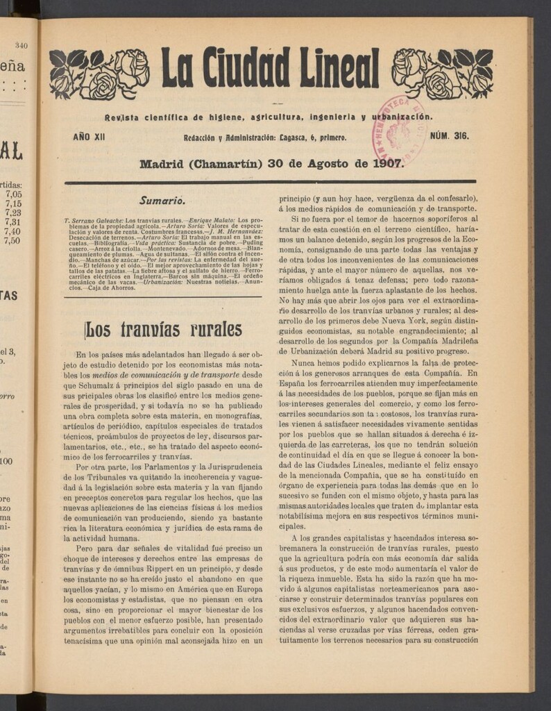 Miniatura de La Ciudad Lineal : órgano oficial de la Compañía Madrileña de Urbanización del 30 de agosto de 1907