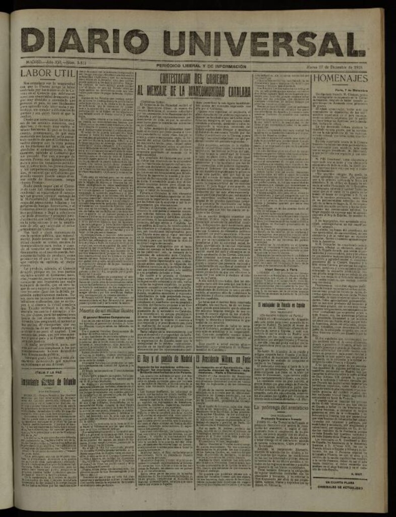 Miniatura de Diario Universal del 17 de diciembre de 1918