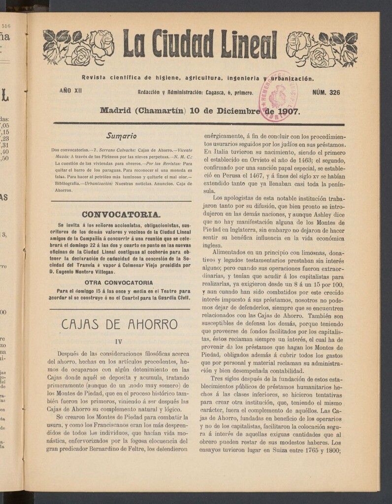 Miniatura de La Ciudad Lineal : órgano oficial de la Compañía Madrileña de Urbanización del 10 de diciembre de 1907