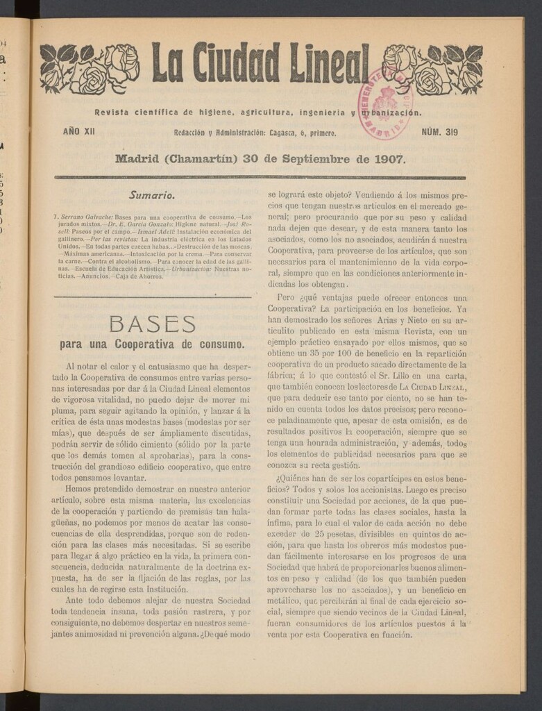 Miniatura de La Ciudad Lineal : órgano oficial de la Compañía Madrileña de Urbanización del 30 de septiembre de 1907