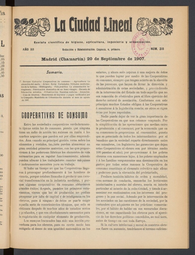 Miniatura de La Ciudad Lineal : órgano oficial de la Compañía Madrileña de Urbanización del 20 de septiembre de 1907